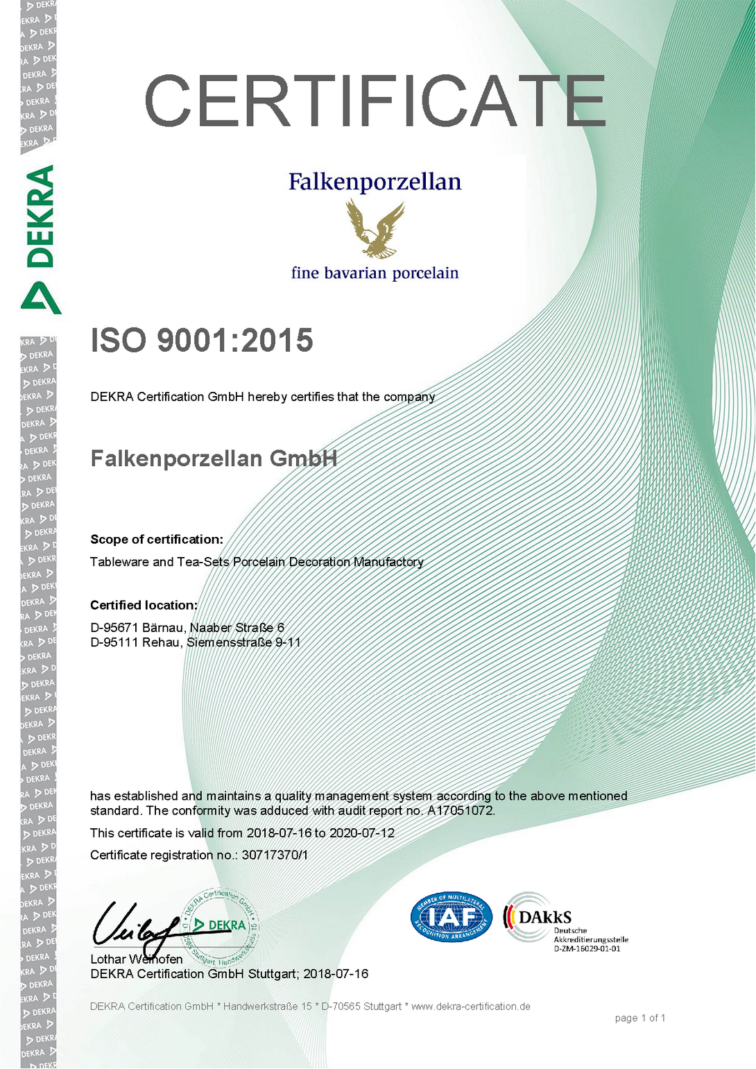 Сертификат соответствия FalkenPorzellan ФалкенПорцеллан Германия