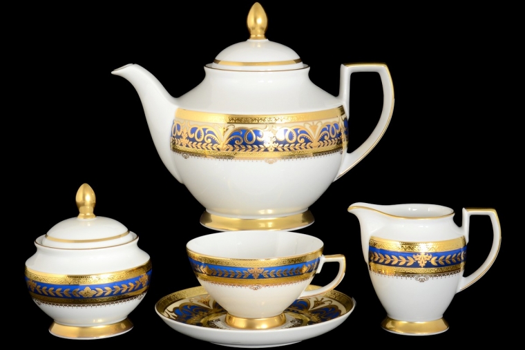 Чайный сервиз на 6 персон Constanza Arabesque Blue Gold (17 предметов)